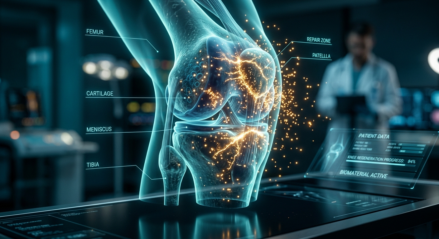 הולוגרמה תלת-ממדית של מפרק הברך המציגה תהליך שיקום והתחדשות סחוס באמצעות טכנולוגיה רפואית מתקדמת באורתופדיה